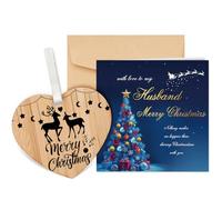 TheGiffter Husband Christmas Card with Wooden Heart Plaque, Xmas Cards Husband with Envelope, with Love to Him Christmas Card from Wife