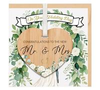 TheGiffter Wedding Card with Wooden Heart Plaque, Congratulations Cards with Envelope, On Your Wedding Day Gifts for Bride and Groom Mrs and Mrs