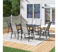 Thehotsale 150Cm L Garden Metal Slatted Coffee Table With Six Foldable Chairs Outdoor Table In Black