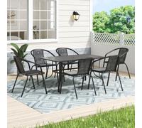 Thehotsale 150Cm L Garden Metal Slatted Coffee Table With Six Rattan Chairs Outdoor Rectangle Table In Black