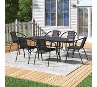 Thehotsale 150Cm L Garden Metal Slatted Coffee Table With Six Rattan Chairs Rectangle Table In Black