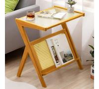 Thehotsale Small Bamboo End Table Clear Ribbed Tabletop Camping Fishing Brown