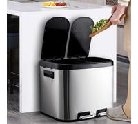 Thehotsale Stainless Steel Dual Rubbish Bin, 2-Compartment Metal Pedals Bin With Lids 2X10L
