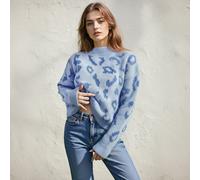 Thehotsale Warm Modern Comfortable Leopard Pattern Mock Neck Pullover Jumper Sweater Blue Size S