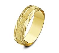 Theia 9ct Yellow Gold Heavy Weight - Serrated Matt Centre and Diagonal Design Edge D-Shape 6mm Wedding Ring - Size X