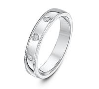 Theia Sterling Silver 925 Court Shape Three Round Diamonds 0.06ct Set in Three Hearts with Millgrain Edges 4mm Wedding Ring - Size Q