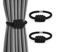 TheJuns Magnetic Curtain Tiebacks, 2 Pcs Simple Style Cotton Tie Backs for Curtains, Hand-Woven Rope Knot Decor Drapery Holdbacks Buckle for Home Office - Black
