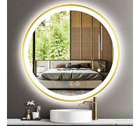 THEKLA 76 cm Gold Round Bathroom LED Mirror with Gold Frame 760mm Round Lighted Mirrors for Bathroom Wall Golden LED Circle Vanity Mirror with Lights 3 Color Adjustable Brightness Frontlit Anti-Fog