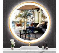 THEKLA 80cm Gold Round Bathroom LED Mirror with Gold Frame 800mm Round Lighted Mirrors for Bathroom Wall LED Circle Vanity Mirror with Lights Golden Frame Smart Memory 3 Color Dimmable Anti-Fog