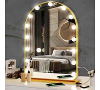 THEKLA Gold Arch Hollywood Vanity Mirror with Lights Dimmable 3Color 15 Bulbs Hollywood Vanity Lighted Mirror for Bedroom Wall Detachable Base Stand X10 Magnifying Arch Vanity Makeup Desk Table Mirror