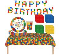 TheLittleStuff Building Blocks Birthday Party Tableware Set, Red Blue Yellow Green, 53-Piece Set with Plates Cups Napkins Tablecloth, bunting bannr, Paper and PVC, 9" Round Plates
