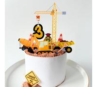 TheLittleStuff Personalised Vehicle Digger Crane Birthday Cake Topper, Black and Yellow, 10x13cm Crane, 4x6cm Vehicle