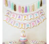 TheLittleStuff Unicorn Happy Birthday banner and Gold Tissue Tassel Garland Banner, 25 Tassels, 35cm Height, Party Decoration Set