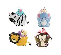 TheLittleStuff Zoo Animal Cupcake Holders, 12-Pack, Safari Jungle Theme, Birthday Party Decorations, Paper Card, 8cm x 5.5cm