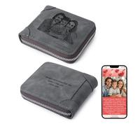 Thelovetag Personalized Wallet for Men - Custom Engraved Leather with NFC Smart Album - Store Photos & Engrave Name/Text - Unique Gift for Husband, Boyfriend, Dad (Gray - with Zipper)