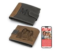 Thelovetag Personalized Wallet for Men - Custom Engraved Leather with NFC Smart Album - Store Photos & Engrave Name/Text - Unique Gift for Husband, Boyfriend, Dad (Gray & Brown-with Snap Button)