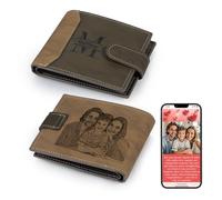 Thelovetag Personalized Wallet for Men - Custom Engraved Leather with NFC Smart Album - Store Photos & Engrave Name/Text - Unique Gift for Husband, Boyfriend, Dad (Dark Brown-with Snap Button)