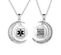 Theluckytag Medical Alert Necklace - Engraved QR Code ID Necklace for Men & Women - Custom Online Emergency Medical Info (Moon Style - Silver)