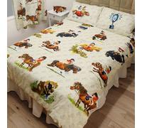 thelwell Double Bed Antics Duvet Cover Bedding Set, Cartoon Horses Pony Rider Ribbon Medal Trophy, Cream Beige Brown