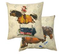 thelwell Pony Jump Cushion Cover, Des 4 45cm Square, Antics Cartoon Horse Cream Blue Grey Brown, Decorative Scatter