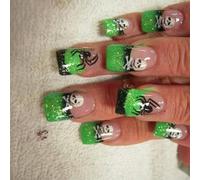 Theme Fake Nails Short Square Black Green French Tip White Skull Art Friendly Halloween False Nails