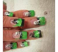 Theme Fake Nails Short Square Black Green French Tip White Skull Art Halloween