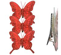 Christmas 3 Pack Clip on Feather Butterfly with Glitter Tree Decoration - Red
