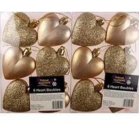 Theme Machine Set Of 12 Glitter And Matt GOLD Hearts Christmas Tree Baubles Decorations