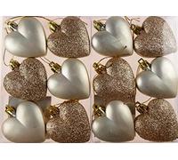Theme Machine Set Of 12 Glitter Love Hearts Christmas Tree Baubles Decorations - Champagne