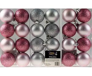 Theme Machine Set Of 24 Baby Pink/Silver 6cm Christmas Tree Baubles Decorations