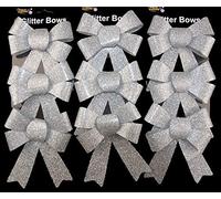 Theme Machine Set Of 9 Glitter SILVER Bow Christmas Tree Baubles Decorations