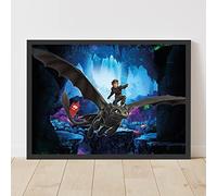 Themed How To Train Your Dragon - Hiccup and Toothless Flying Through Cave Poster Wall Art (Black Frame, A2)
