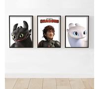 Themed How To Train Your Dragon - Hiccup, Toothless and Light Fury Set of 3 Prints Wall Art Poster (Black Frames, A5)