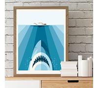 Themed Jaws Print - Minimal Swimming Shark Wall Art Poster (Beechwood Frame, A3)