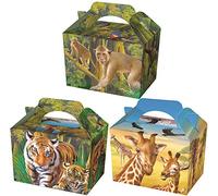 THEMED PARTY BOXES - PACK OF 10 - Children/Kids Party Boxes Carry Food Meal Fun Picnic Birthday Wedding Favour / Baby Shower Party Box Loot Bag (Wild Animal)