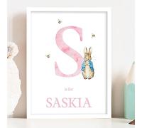 Themed Peter Rabbit Print - Pink Letter and Name Personalised Nursery Wall Art (A4-21cm x 29.7cm)