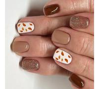 Themed Press On Tips With Glowing Leaf Patterns Reusable Fake Nails Easy Snapped Application For Holidays Date Office Use Press On Nail Autumn Brown