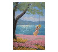Themed Wooden Jigsaw Puzzle for Adults, Girl on Swing by The Lake, 1000 PCS