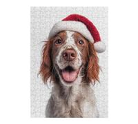 Themed Wooden Jigsaw Puzzle for Adults, Irish Red And White Setter Dog with Santa Hat Portrait, 300 PCS