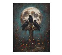 Themed Wooden Jigsaw Puzzle for Adults, Three Ravens on Cross with Moon, 500 PCS