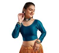 TheMileStock Women's Blouses Gold Stretchable Saree Crop Top Choli Free Size Long Sleeve, Teal, Blue, Can Fit Bust Size 28"-38"