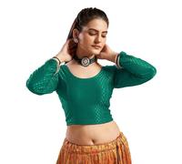 themilestocks TMS Women's Blouses Readymade Gold Stretchable Saree Crop Top Choli Free Size Long Sleeve, Teal Green, Can fit bust size 28""-38""