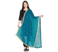 themilestocks Woman's Embroidered Chiffon Dupatta Scarf Shawl Wrap Soft Indian Bridal Wedding - Off White, Teal, 90 Inches X 32 Inches || 228 cm X 81cm
