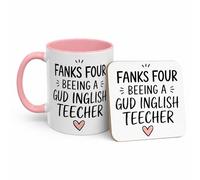 TheMugVault Funny English Teacher Mug - Thanks for Being A Gud Inglish Teecher - Thank You Teacher Gift, Teaching Assistant Present, End of School Year Mug (11oz Pink, Mug & Coaster Set)