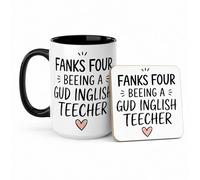 TheMugVault Funny English Teacher Mug - Thanks for Being A Gud Inglish Teecher - Thank You Teacher Gift, Teaching Assistant Present, End of School Year Mug (15oz Black, Mug & Coaster Set)