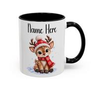 TheMugVault Personalised Reindeer Xmas Mug, Black 11oz | Personalised reindeer Xmas mug with custom name, cute red-nose deer, knitted hat, scarf and snowy festive artwork