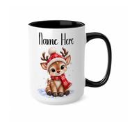 TheMugVault Personalised Reindeer Xmas Mug, Black 15oz | Personalised reindeer Xmas mug with custom name, cute red-nose deer, knitted hat, scarf and snowy festive artwork