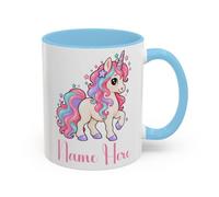 TheMugVault Personalised Unicorn Mug - Baby Blue 11oz | Custom name ceramic cup with a pastel rainbow mane, striped horn and colourful stars, magical birthday gift