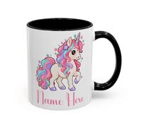TheMugVault Personalised Unicorn Mug - Black 11oz | Custom name ceramic cup with a pastel rainbow mane, striped horn and colourful stars, magical birthday gift