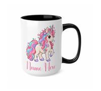 TheMugVault Personalised Unicorn Mug - Black 15oz | Custom name ceramic cup with a pastel rainbow mane, striped horn and colourful stars, magical birthday gift